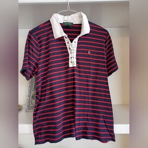 Lauren Ralph Lauren Lace-Up Striped Polo Top Size 2X